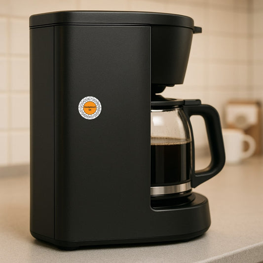 Keuringssticker Goedgekeurd tot, oranje, aangebracht op een koffiezetapparaat