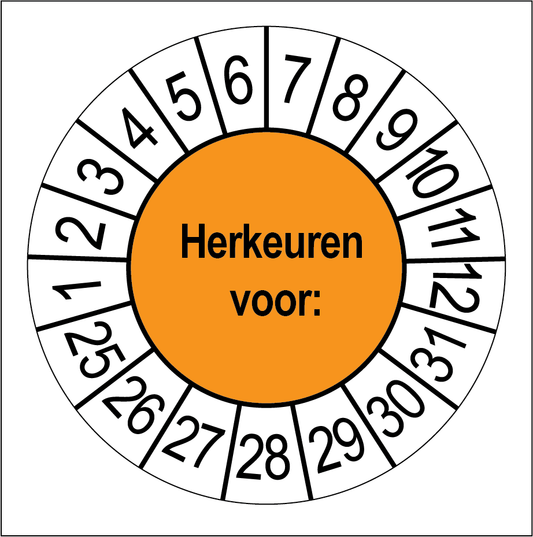 Keuringssticker Herkeuren, oranje met witte cijferrand, rond 35 mm vinyl