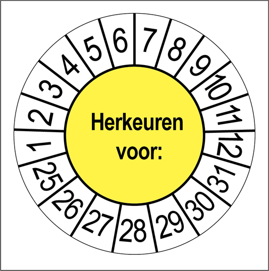 Keuringssticker Herkeuren, geel met witte cijferrand, rond 35 mm vinyl