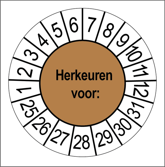 Keuringssticker Herkeuren, bruin met witte cijferrand, rond 35 mm vinyl