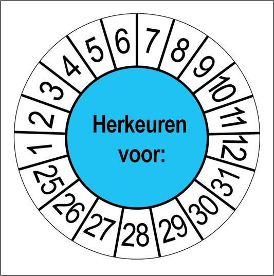 Keuringssticker Herkeuren, blauw met witte cijferrand, rond 35 mm vinyl