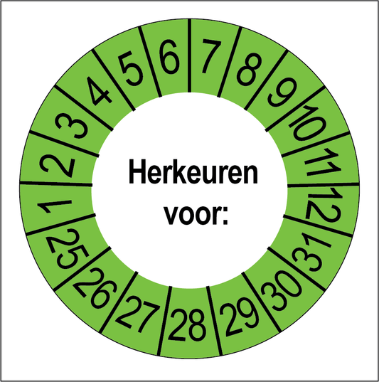 Keuringssticker Herkeuren, wit met groene buitenrand, rond 35 mm vinyl
