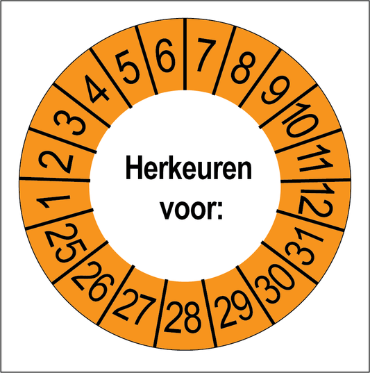 Keuringssticker Herkeuren, wit met oranje buitenrand, rond 35 mm vinyl