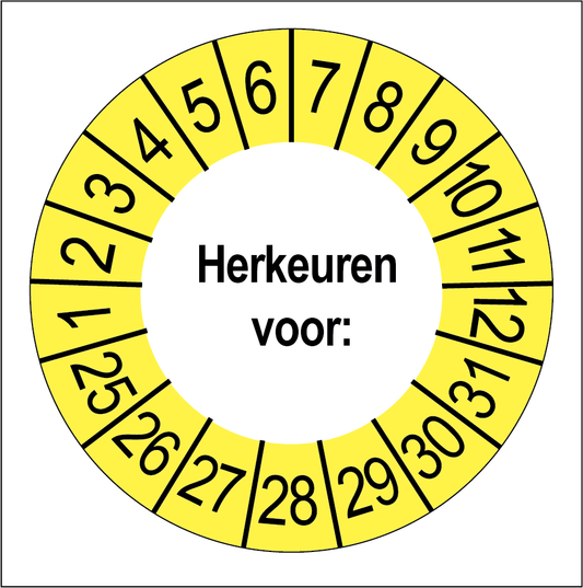 Keuringssticker Herkeuren, wit met gele buitenrand, rond 35 mm vinyl