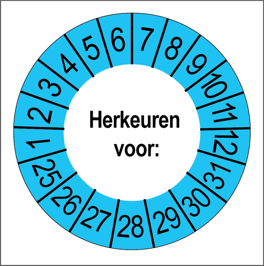 Keuringssticker Herkeuren, wit met blauwe buitenrand, rond 35 mm vinyl