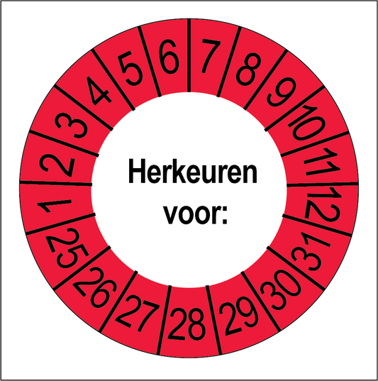 Keuringssticker Herkeuren, wit met rode buitenrand, rond 35 mm vinyl