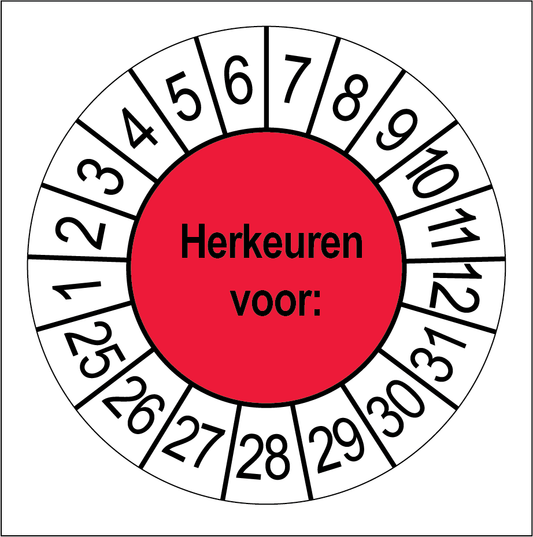 Keuringssticker Herkeuren, rood met witte cijferrand, rond 35 mm vinyl