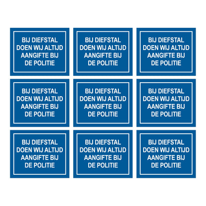 Bij diefstal doen wij altijd aangifte bij de politie sticker blauw 75 , 9 stuks