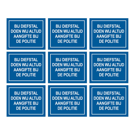 Bij diefstal doen wij altijd aangifte bij de politie sticker blauw 75 , 9 stuks