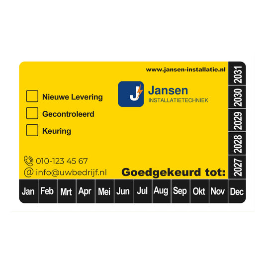 Keuringssticker 8x5 cm, geel vlak met zwarte rand en een eigen bedrijfslogo
