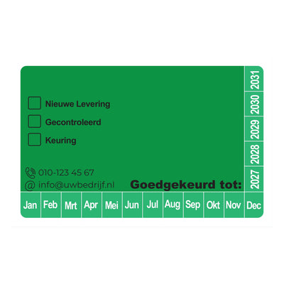 Keuringssticker 8x5 cm, groen met eigen tekst en jaartallen