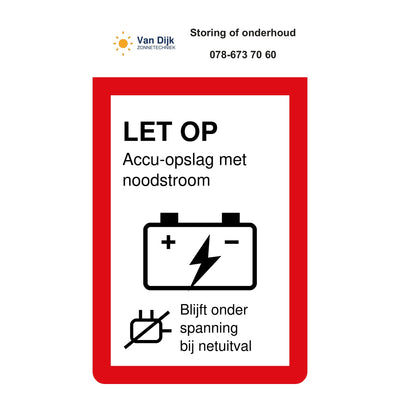 Noodstroom-sticker 35 x 60 mm met eigen logo en telefoonnummer boven het waarschuwingsplaatje
