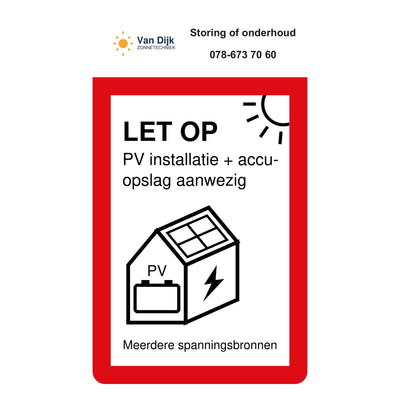 PV- en accusticker 35 x 60 mm met eigen logo en telefoonnummer boven het waarschuwingsplaatje