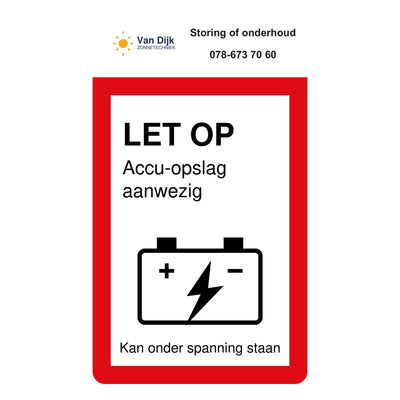 Accu-sticker 35 x 60 mm met eigen logo en telefoonnummer boven het waarschuwingsplaatje