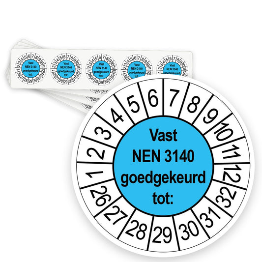 Keuringsstickers Vast NEN 3140 Goedgekeurd tot | 50 stuks, Ø 35 mm | Blauw - strook van 5 stickers