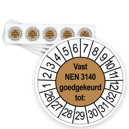 Keuringsstickers Vast NEN 3140 Goedgekeurd tot | 50 stuks, Ø 35 mm | Bruin - strook van 5 stickers