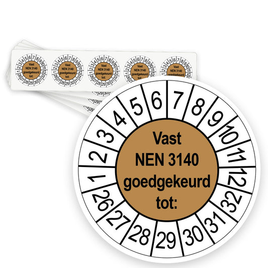 Keuringsstickers Vast NEN 3140 Goedgekeurd tot | 50 stuks, Ø 35 mm | Bruin - strook van 5 stickers