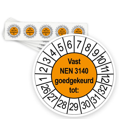 Keuringsstickers Vast NEN 3140 Goedgekeurd tot | 50 stuks, Ø 35 mm | Oranje - strook van 5 stickers