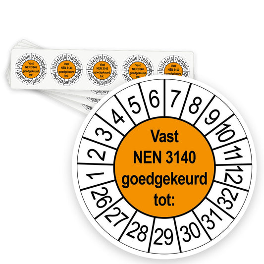 Keuringsstickers Vast NEN 3140 Goedgekeurd tot | 50 stuks, Ø 35 mm | Oranje - strook van 5 stickers