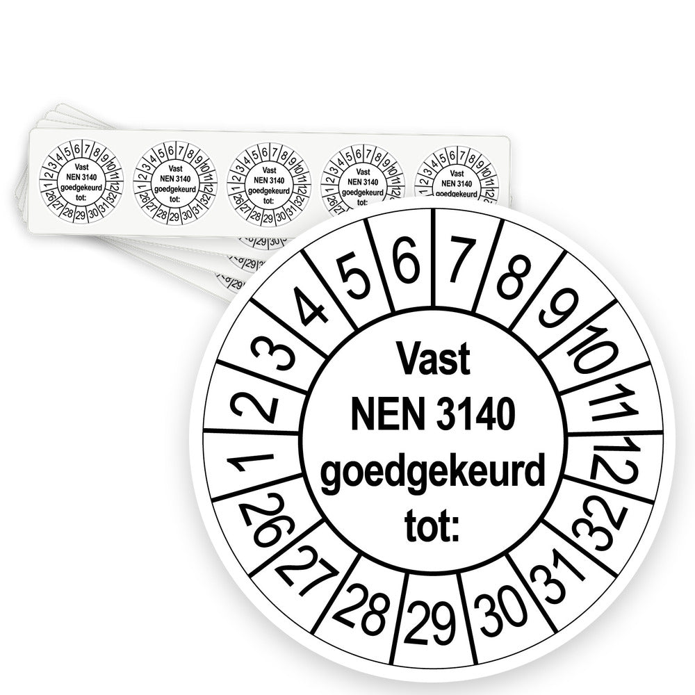 Keuringsstickers Vast NEN 3140 Goedgekeurd tot | 50 stuks, Ø 35 mm | Wit - strook van 5 stickers