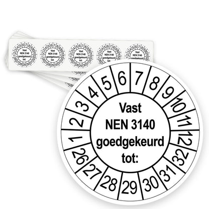 Keuringsstickers Vast NEN 3140 Goedgekeurd tot | 50 stuks, Ø 35 mm | Wit - strook van 5 stickers