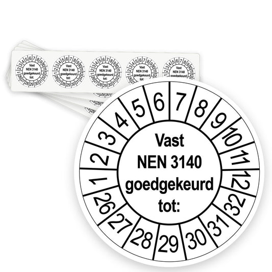 Keuringsstickers Vast NEN 3140 Goedgekeurd tot | 50 stuks, Ø 35 mm | Wit - strook van 5 stickers