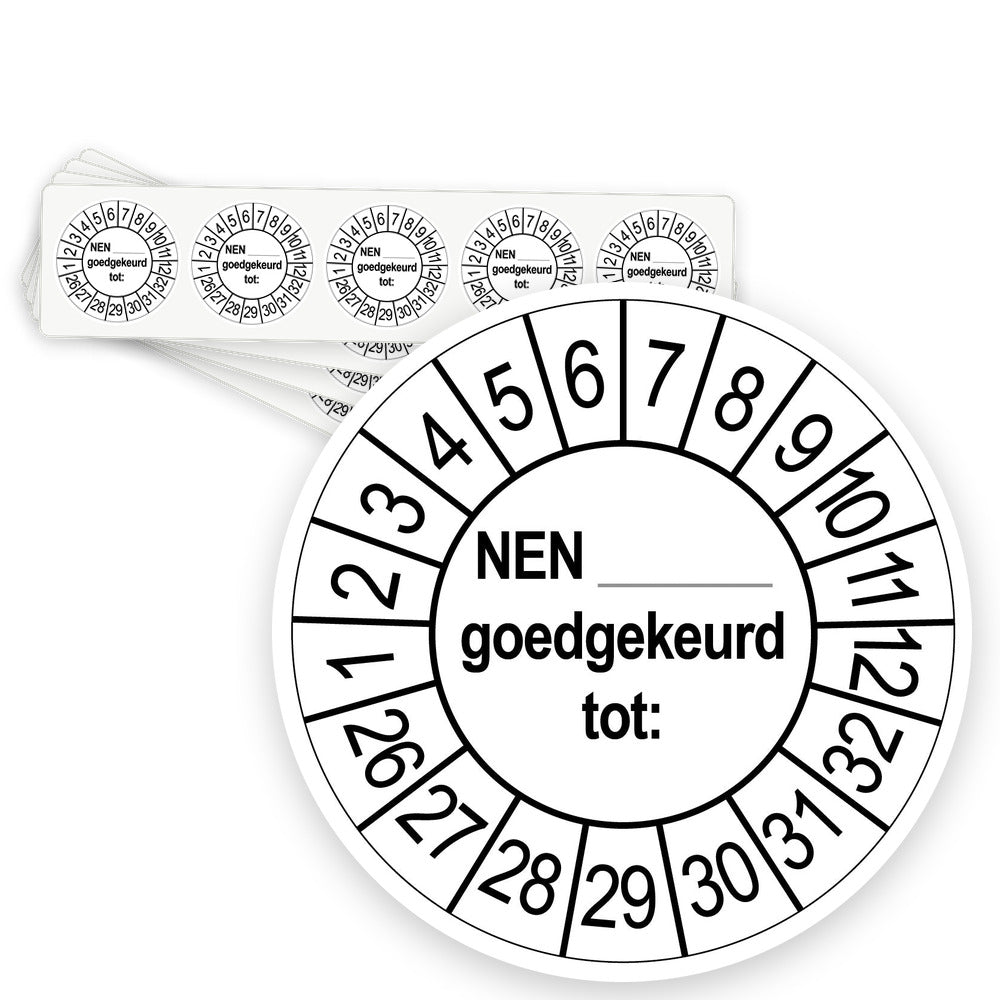 Keuringsstickers NEN..... Goedgekeurd tot  | 50 stuks 10 strips 35mm | Wit - strook van 5 stickers