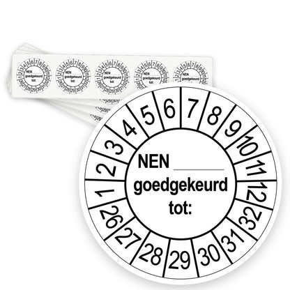 Keuringsstickers NEN..... Goedgekeurd tot  | 50 stuks 10 strips 35mm | Wit - strook van 5 stickers