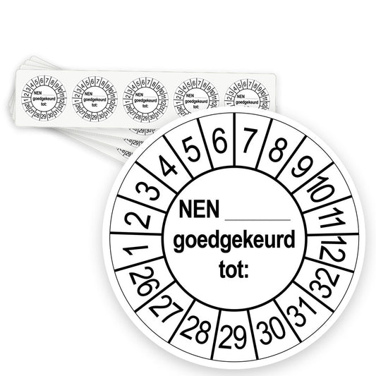 Keuringsstickers NEN..... Goedgekeurd tot  | 50 stuks 10 strips 35mm | Wit - strook van 5 stickers