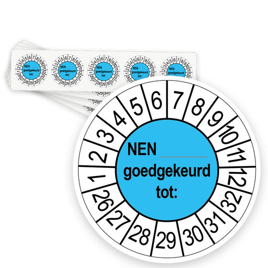 Keuringsstickers NEN..... Goedgekeurd tot  | 50 stuks 10 strips 35mm | Blauw - strook van 5 stickers