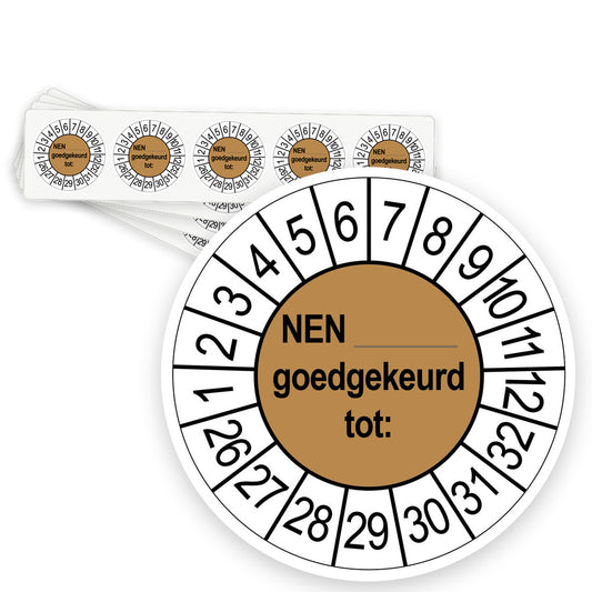 Keuringsstickers NEN..... Goedgekeurd tot  | 50 stuks 10 strips 35mm | Bruin - strook van 5 stickers