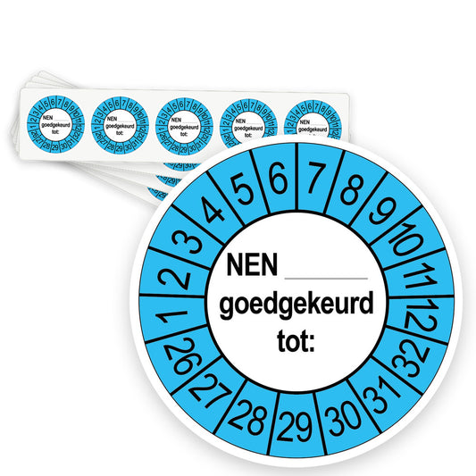 Keuringsstickers NEN..... Goedgekeurd tot  | 50 stuks 10 strips 35mm | Buiten Blauw - strook van 5 stickers