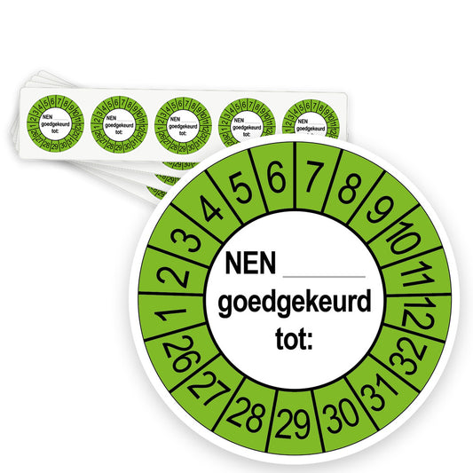 Keuringsstickers NEN..... Goedgekeurd tot  | 50 stuks 10 strips 35mm | Buiten Groen - strook van 5 stickers