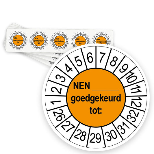 Keuringsstickers NEN..... Goedgekeurd tot  | 50 stuks 10 strips 35mm | Oranje - strook van 5 stickers