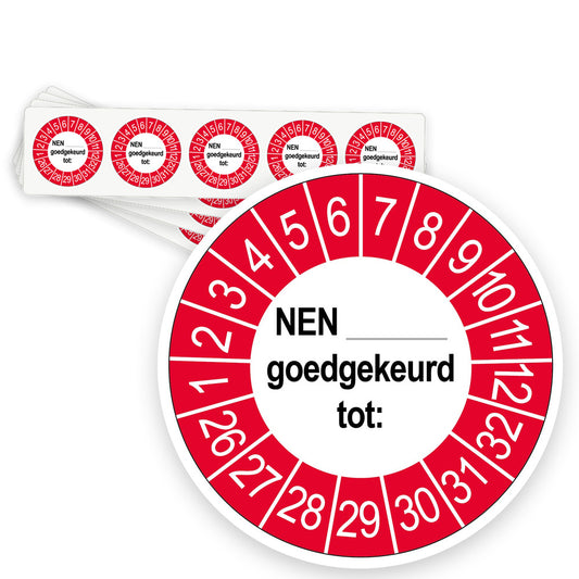 Keuringsstickers NEN..... Goedgekeurd tot  | 50 stuks 10 strips 35mm | Rood - strook van 5 stickers