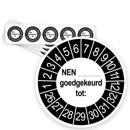 Keuringsstickers NEN..... Goedgekeurd tot  | 50 stuks 10 strips 35mm | Buiten Zwart - strook van 5 stickers