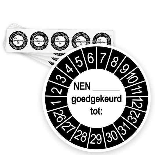 Keuringsstickers NEN..... Goedgekeurd tot  | 50 stuks 10 strips 35mm | Buiten Zwart - strook van 5 stickers