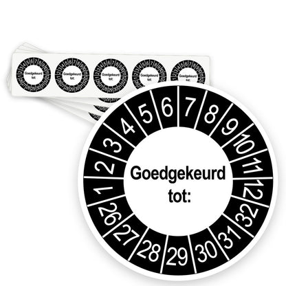 Keuringsstickers Goedgekeurd tot | 50 stuks, Ø 35 mm | Buiten Zwart - strook van 5 stickers