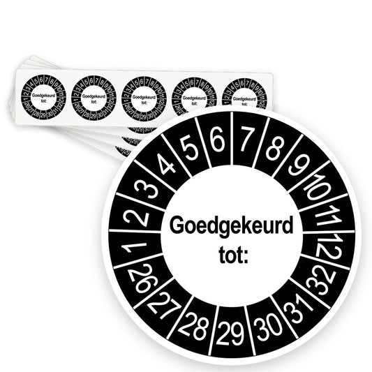 Keuringsstickers Goedgekeurd tot | 50 stuks, Ø 35 mm | Buiten Zwart - strook van 5 stickers
