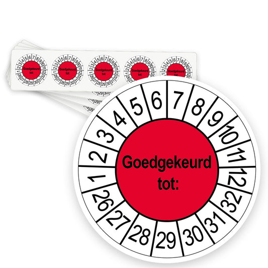 Keuringsstickers Goedgekeurd tot | 50 stuks, Ø 35 mm | Rood - strook van 5 stickers