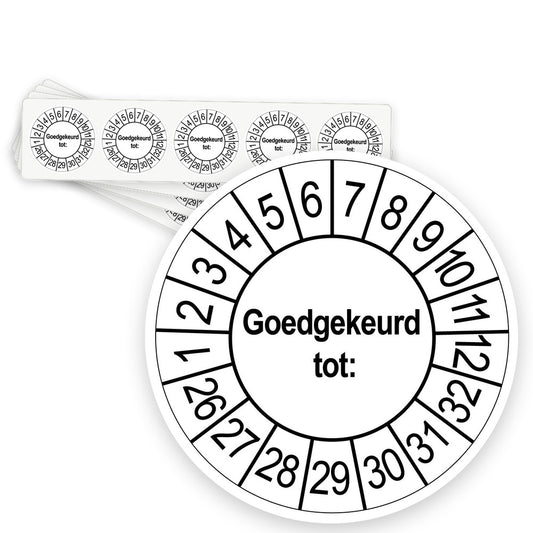 Keuringsstickers Goedgekeurd tot | 50 stuks, Ø 35 mm | Wit - strook van 5 stickers