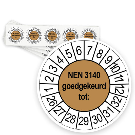 Keuringsstickers NEN 3140 Goedgekeurd tot | 50 stuks, Ø 35 mm | Bruin - strook van 5 stickers
