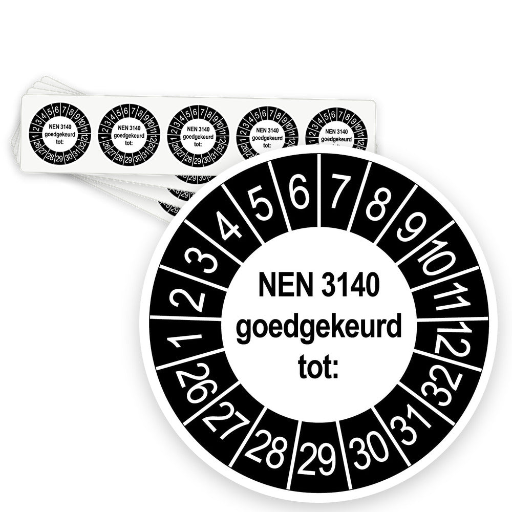 Keuringsstickers NEN 3140 Goedgekeurd tot | 1000 stuks, Ø 35 mm | Buiten Zwart - strook van 5 stickers