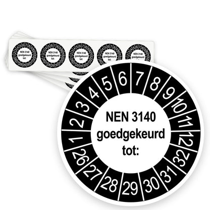 Keuringsstickers NEN 3140 Goedgekeurd tot | 1000 stuks, Ø 35 mm | Buiten Zwart - strook van 5 stickers