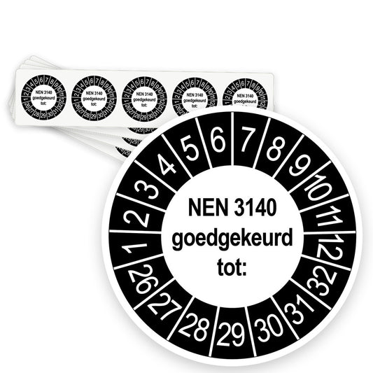Keuringsstickers NEN 3140 Goedgekeurd tot | 1000 stuks, Ø 35 mm | Buiten Zwart - strook van 5 stickers