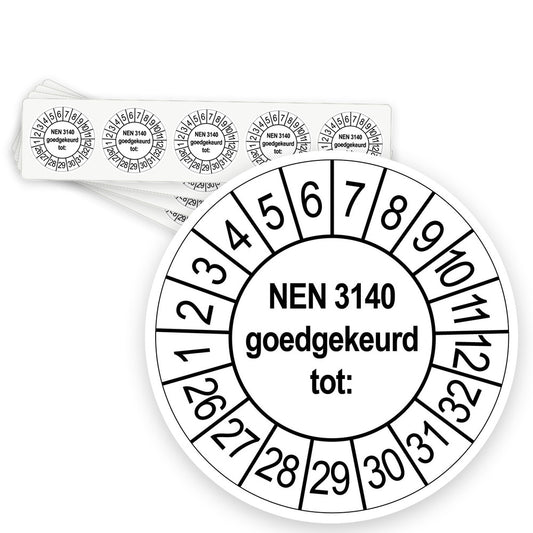 Keuringsstickers NEN 3140 Goedgekeurd tot | 1000 stuks, Ø 35 mm | Wit - strook van 5 stickers