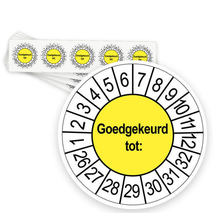Keuringsstickers Goedgekeurd tot | 50 stuks, Ø 35 mm | Geel - strook van 5 stickers