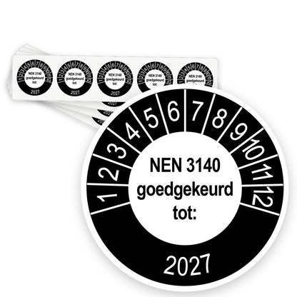 Keuringsstickers NEN 3140 Goedgekeurd tot 2027 | 500 stuks, Ø 35 mm | Buiten Zwart - strook van 5 stickers