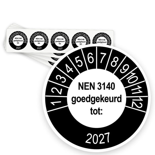 Keuringsstickers NEN 3140 Goedgekeurd tot 2027 | 500 stuks, Ø 35 mm | Buiten Zwart - strook van 5 stickers