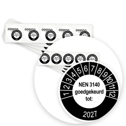 Keuringsstickers NEN 3140 Goedgekeurd tot 2027 | 500 stuks, Ø 35 mm | Buiten Zwart - strook van 5 stickers
